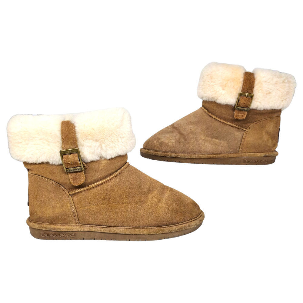 Bearpaw Boots 9 Tan White Suede Leather Sheepskin Wool Ankle Mid Calf Comfy